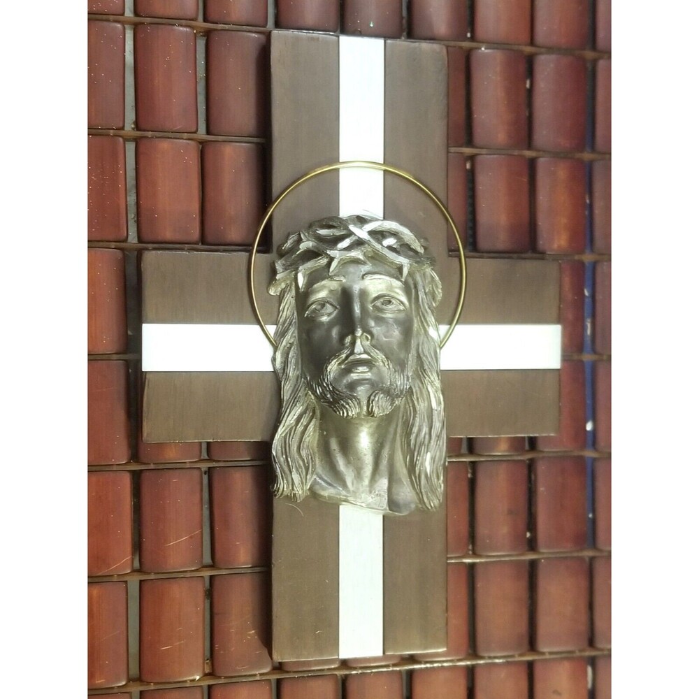 Vintage Crucifix Bust Of Jesus On Cross Pewter w/ Brass Halo 11.25"x7.75"